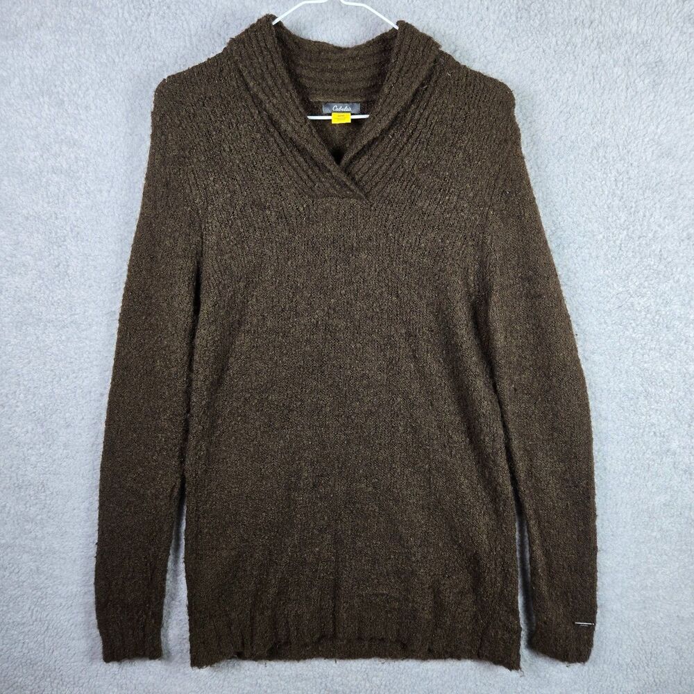 Cabela's Women's Medium Brown Shawl Collar Knit Sweater Boucle Pullover Long
